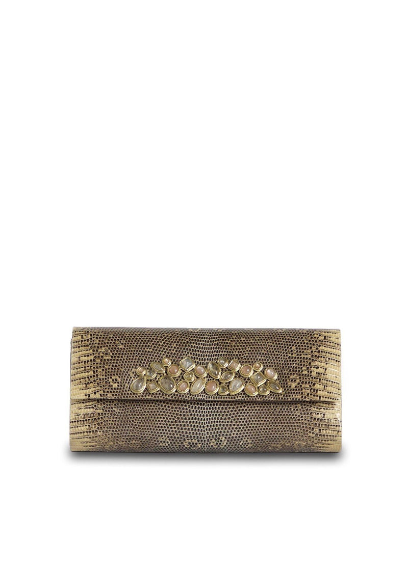 Exotic ring lizard roll clutch in tan with gemstone mosaic embellishment - Darby Scott