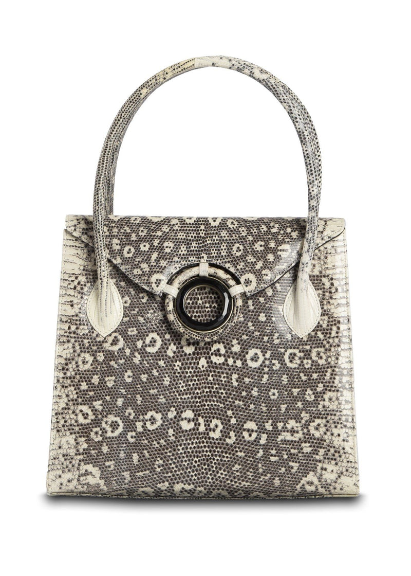 Exotic ring lizard Thompson tote in black and white with onyx grommet - Darby Scott