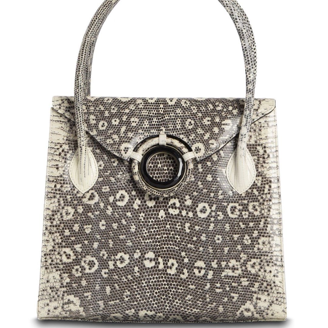 Exotic ring lizard Thompson tote in black and white with onyx grommet - Darby Scott