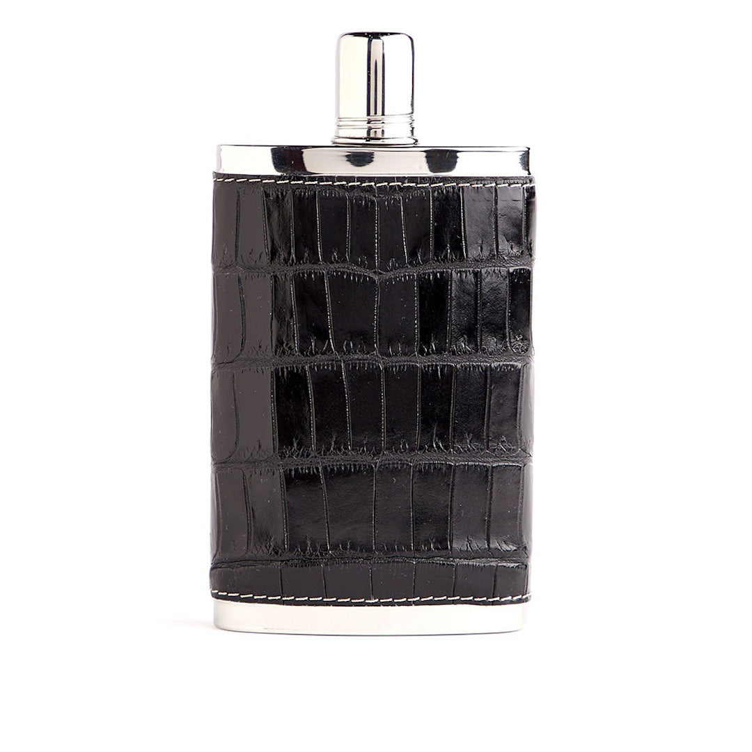  Black Crocodile Covered Stainless Steel 9 oz hip flask - Darby Scott