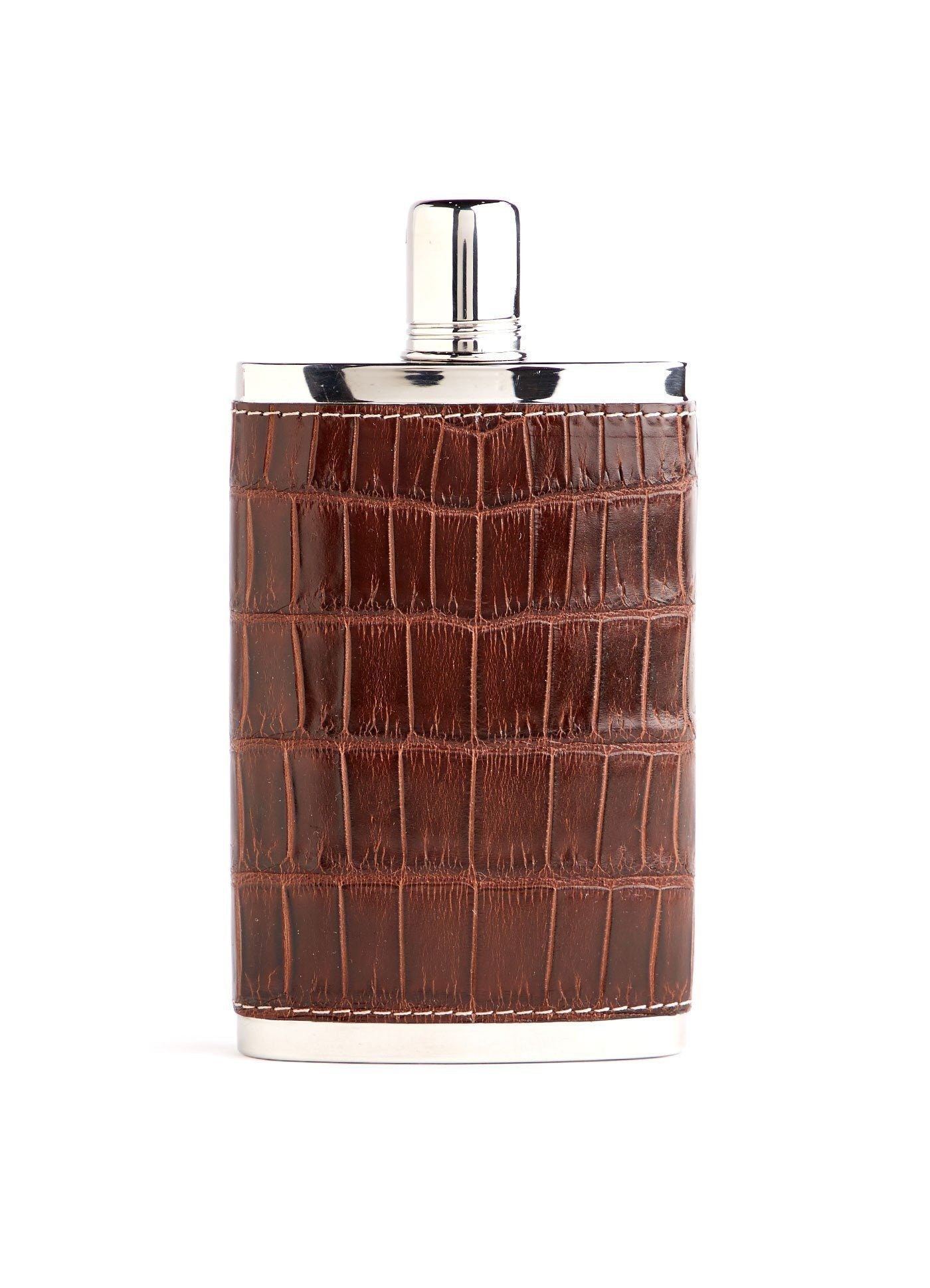 Brown Crocodile Covered Stainless Steel 9 oz hip flask - Darby Scott