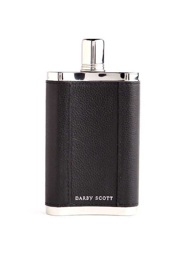 Back view of Black Leather Covered Stainless Hip Flask - Darby Scott