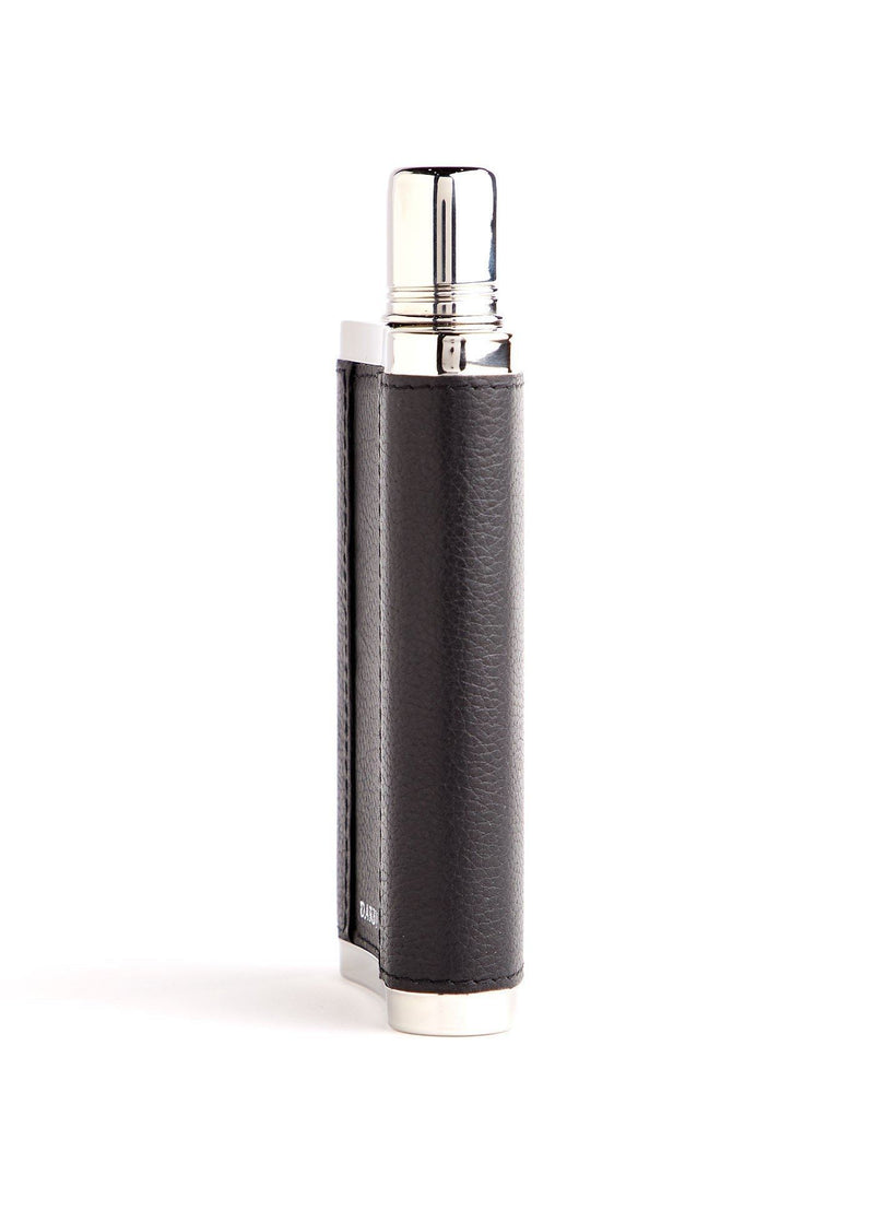 Side view of Black Leather Covered Stainless Hip Flask - Darby Scott