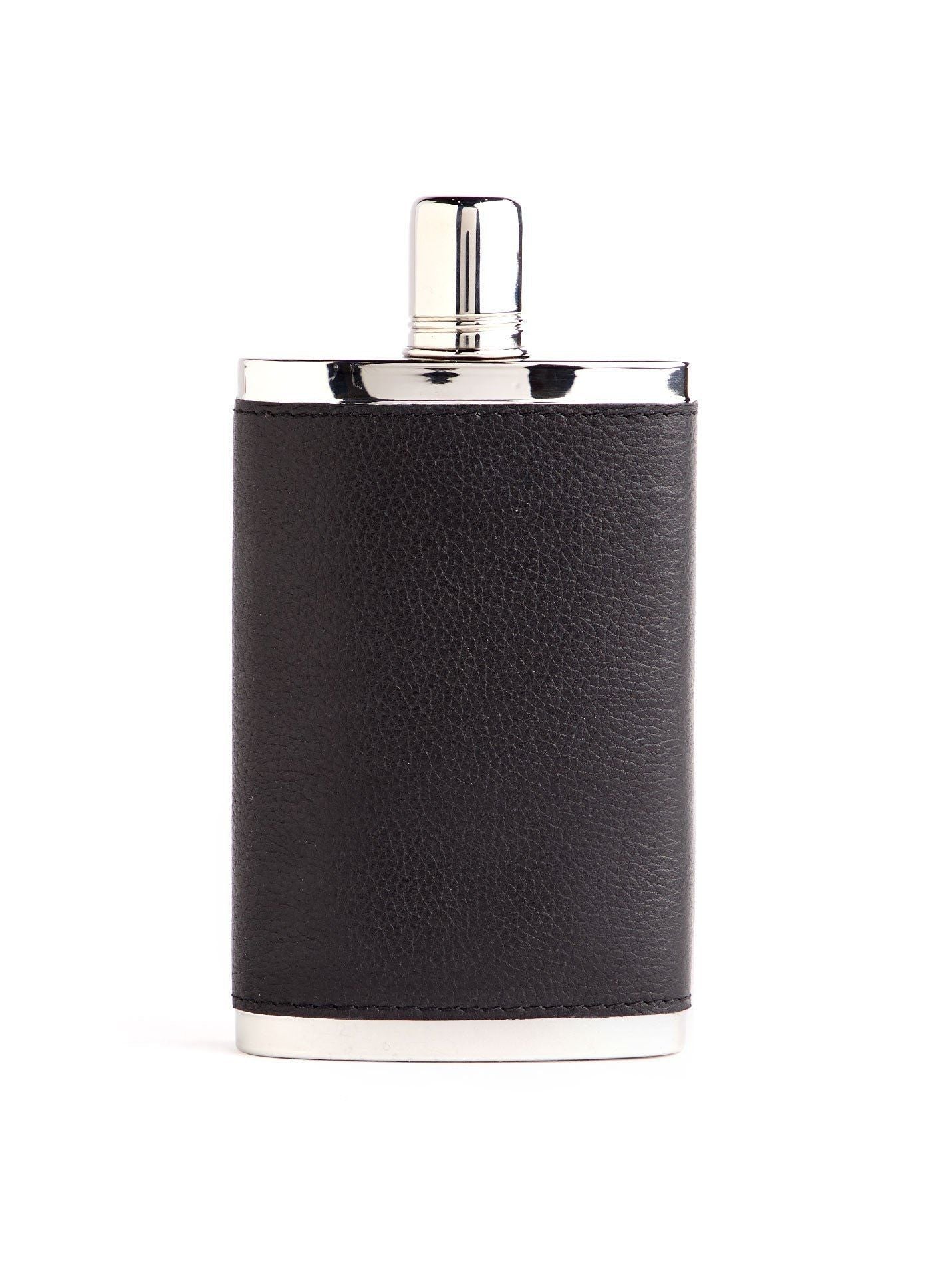 Black Leather Covered Stainless Steel 9 oz. Hip Flask - Darby Scott