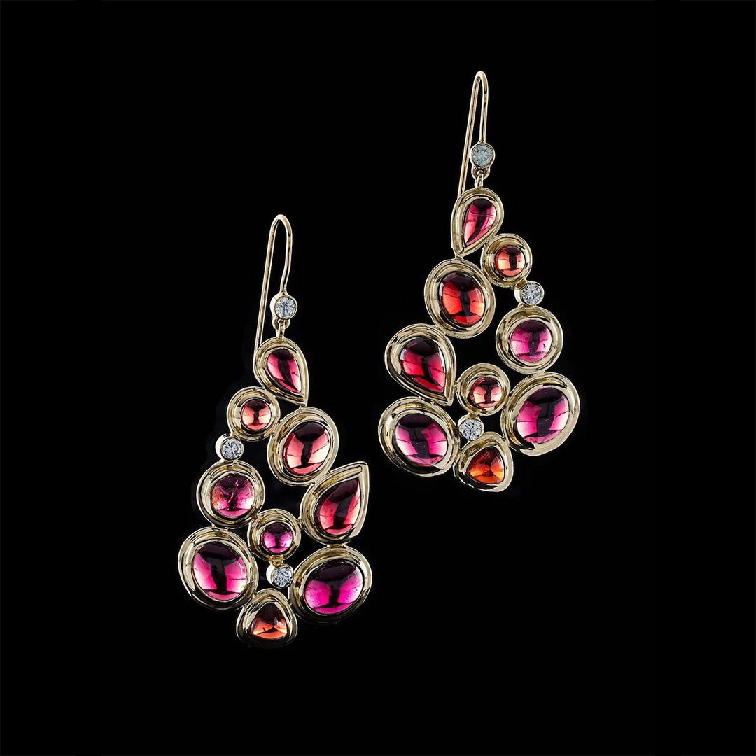 Garnet diamond 18K gold earring mosaic 9 stone - Darby Scott