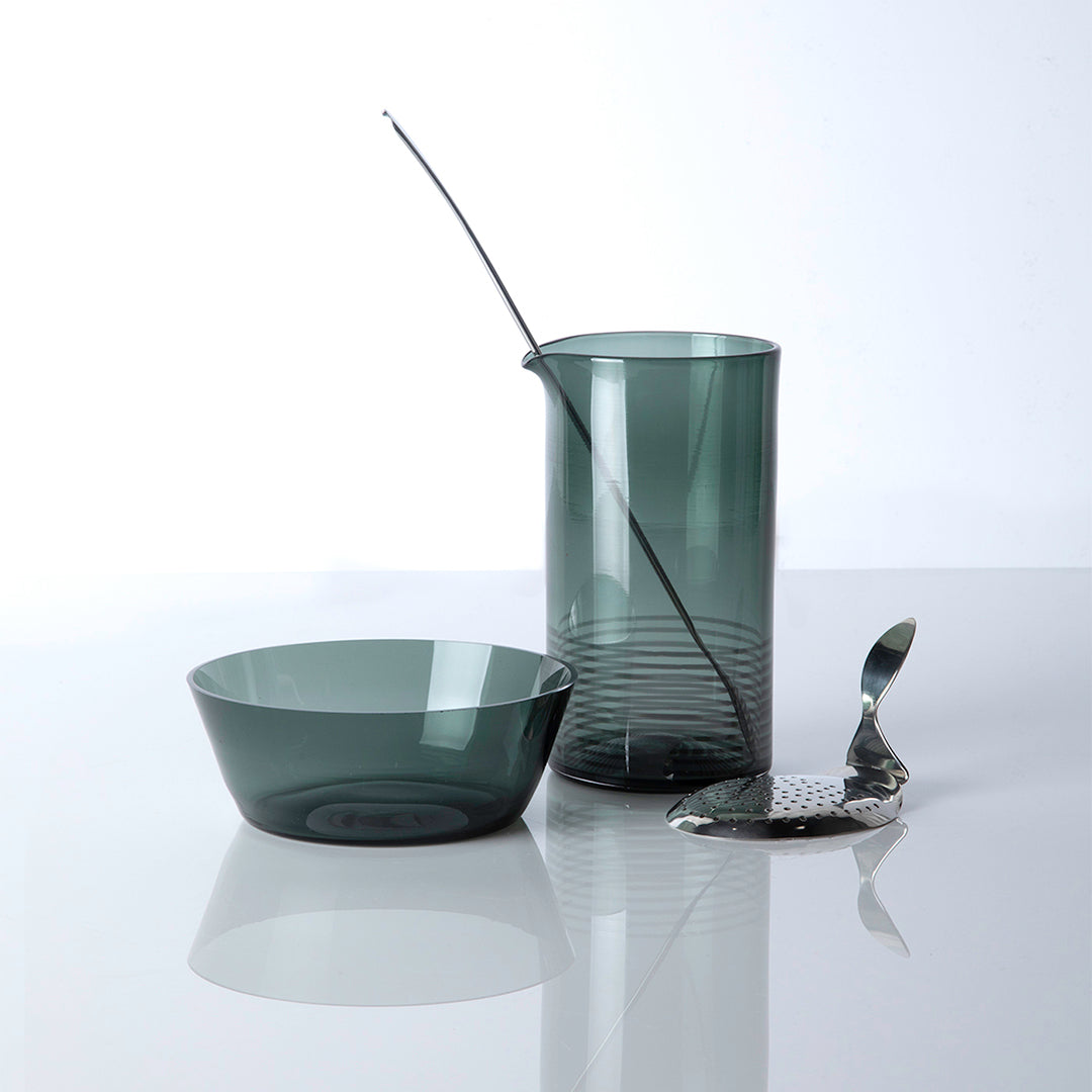 Dark Green Mixing Glass, Bowl, Long Spoon and Strainer