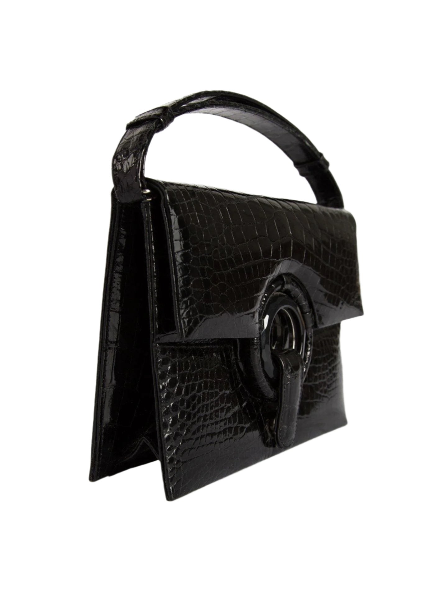 Side view of Black Crocodile Grommet Handbag, Mini - Darby Scott