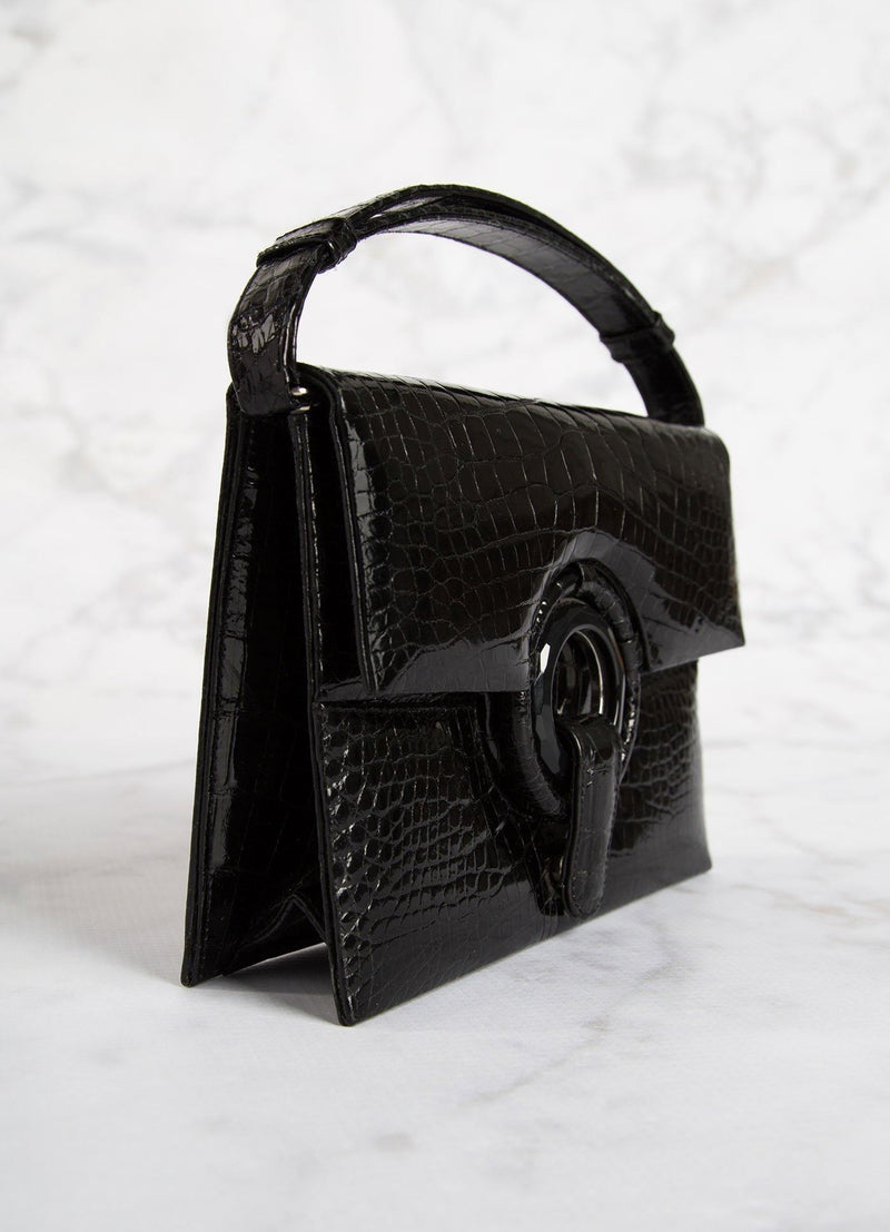 Side view of Black Crocodile Grommet Handbag, Mini - Darby Scott