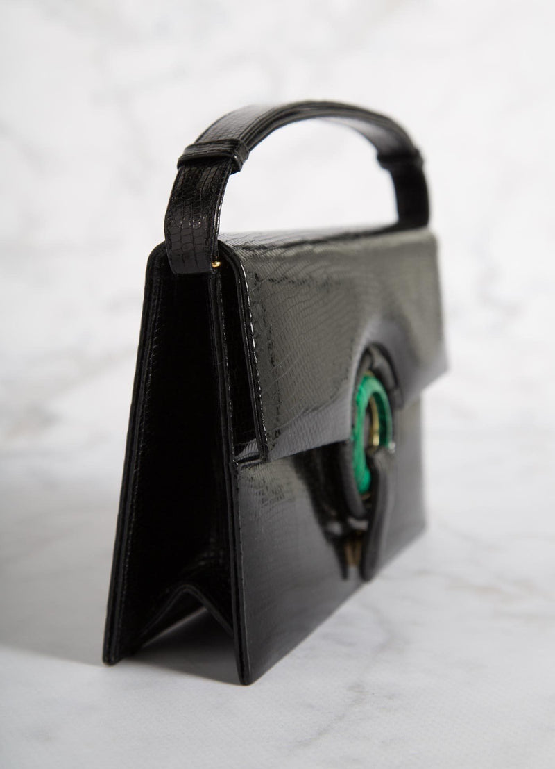 Side view of Black Lizard Grommet Handbag - Darby Scott