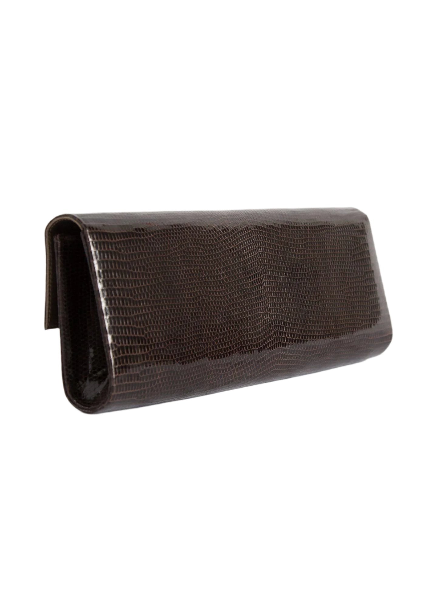 Back view of Chocolate Lizard Grommet Roll Clutch - Darby Scott 