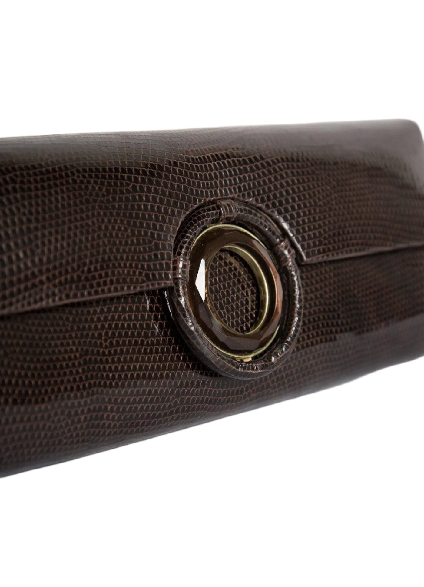 Detail view Smokey Topaz Grommet Inlay on brown lizard roll clutch- Darby Scott 