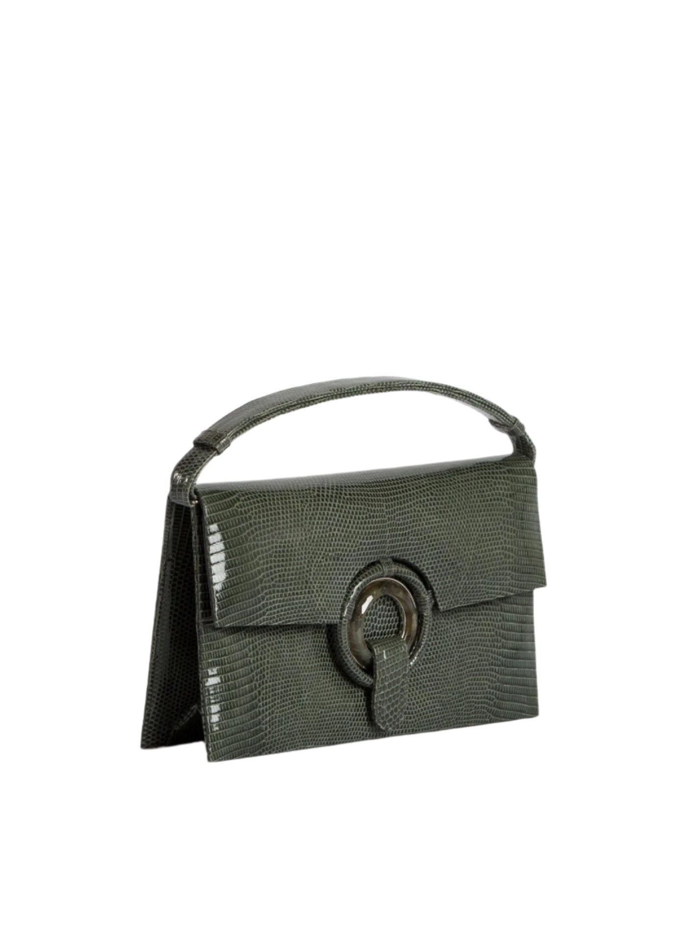 Angled view of Green Lizard Grommet Handbag - Darby Scott 