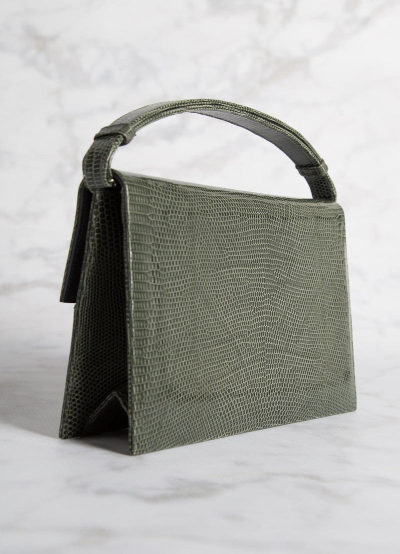 Back view of Green Lizard Grommet Handbag - Darby Scott 