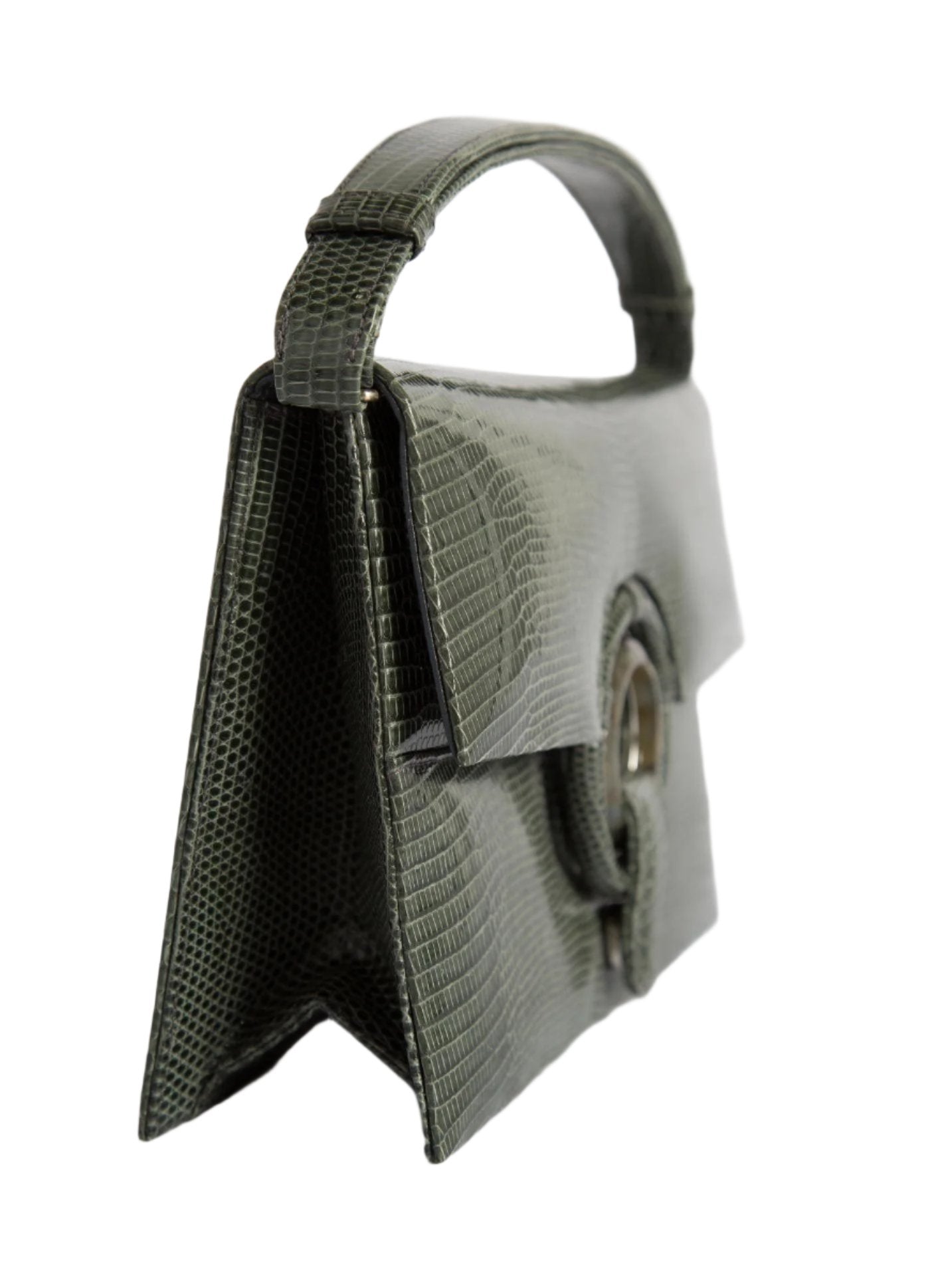 Side view of Green Lizard Grommet Handbag - Darby Scott