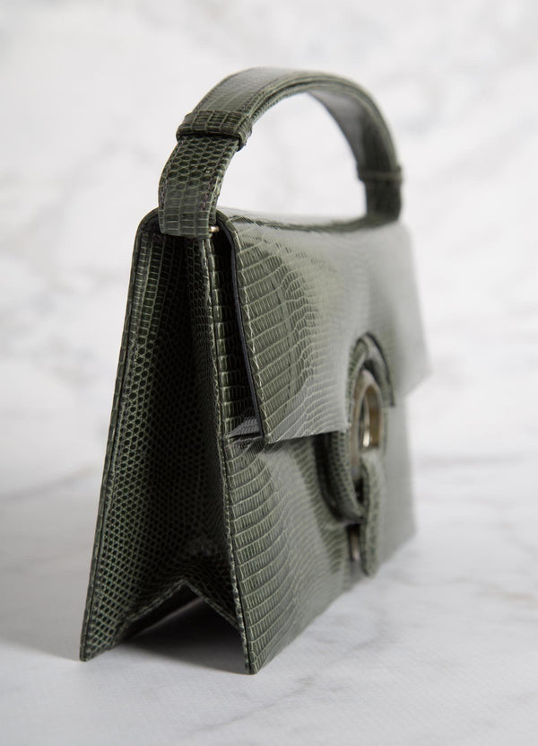 Side view of Green Lizard Grommet Handbag - Darby Scott