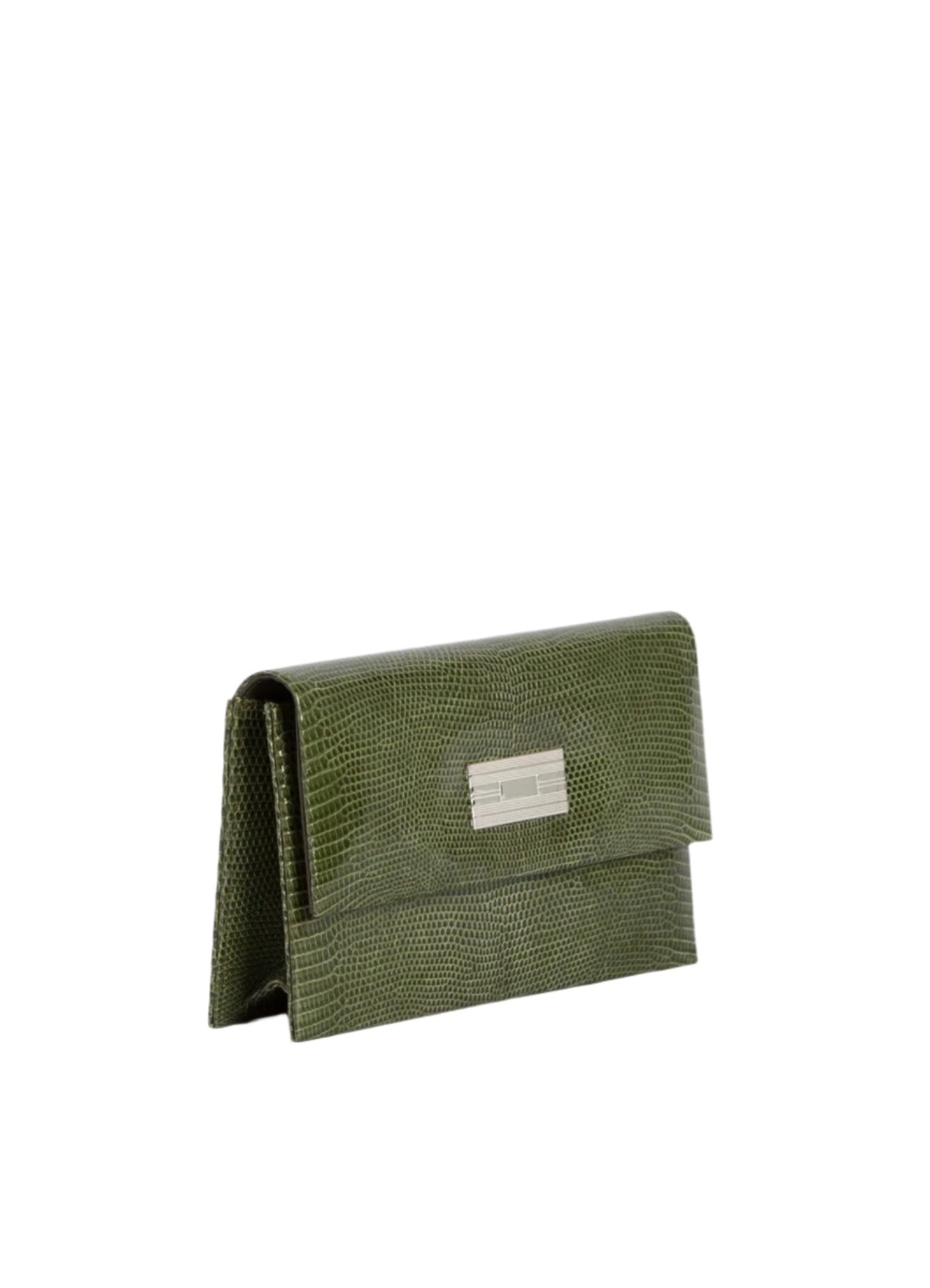 Side view Green Lizard Clutch with Silver Monogram Plate - Darby Scott