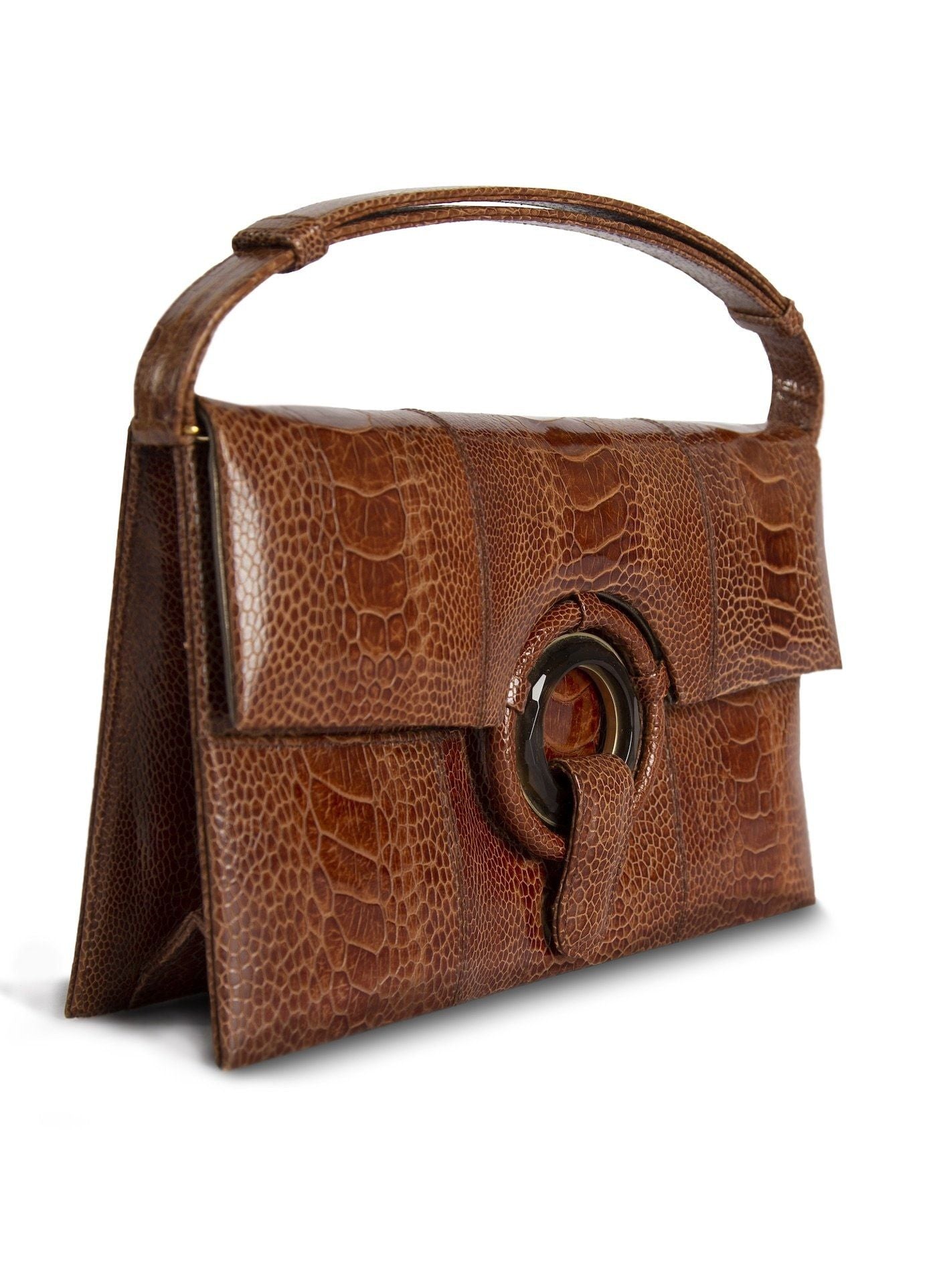 Side view Cognac Ostrich Leg Grommet Handbag - Darby Scott 