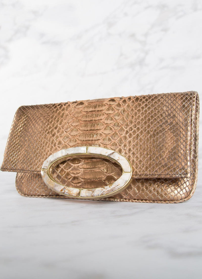 Angled View of Bronze Mini Convertible Clutch - Darby Scott 