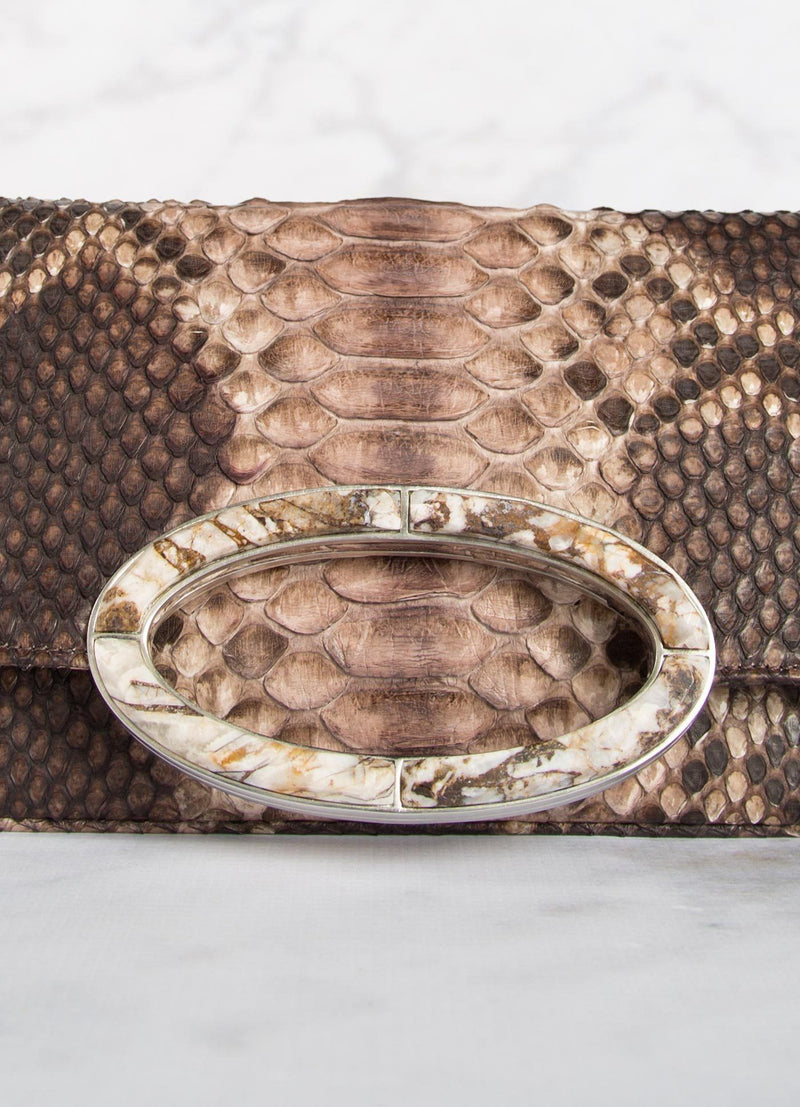 Close up view of brioche agate handle on Brown Multi-Color Python clutch - Darby Scott