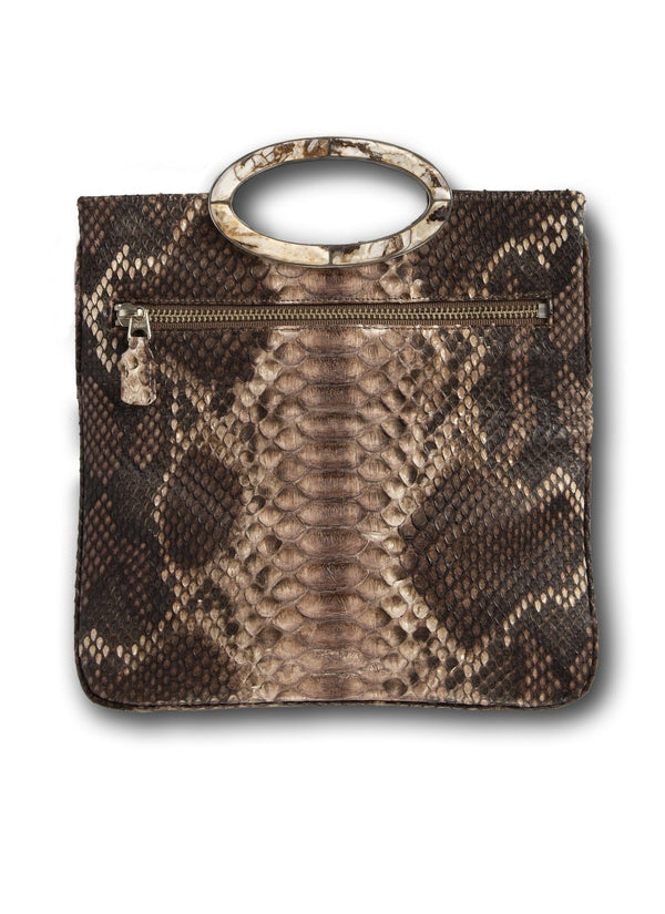 Open view of Brown Multi Colored Python Convertible Fold Over Clutch - Darby Scott