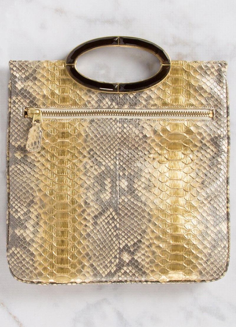 Open view of Gold Wash Python Convertible Clutch - Darby Scott 
