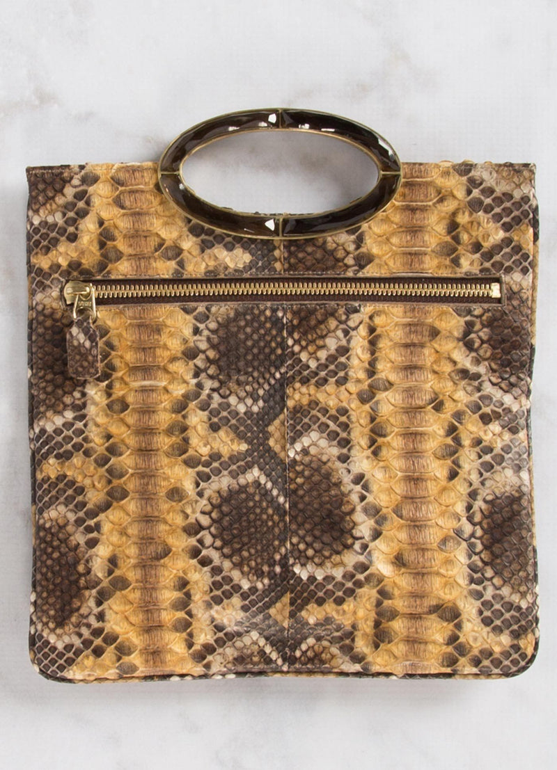 Open view of Gold & Brown Python Convertible Clutch - Darby Scott 