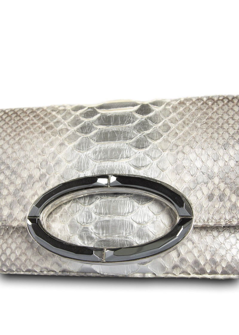Close up View hematite handle on silver fold over clutch - Darby Scott 