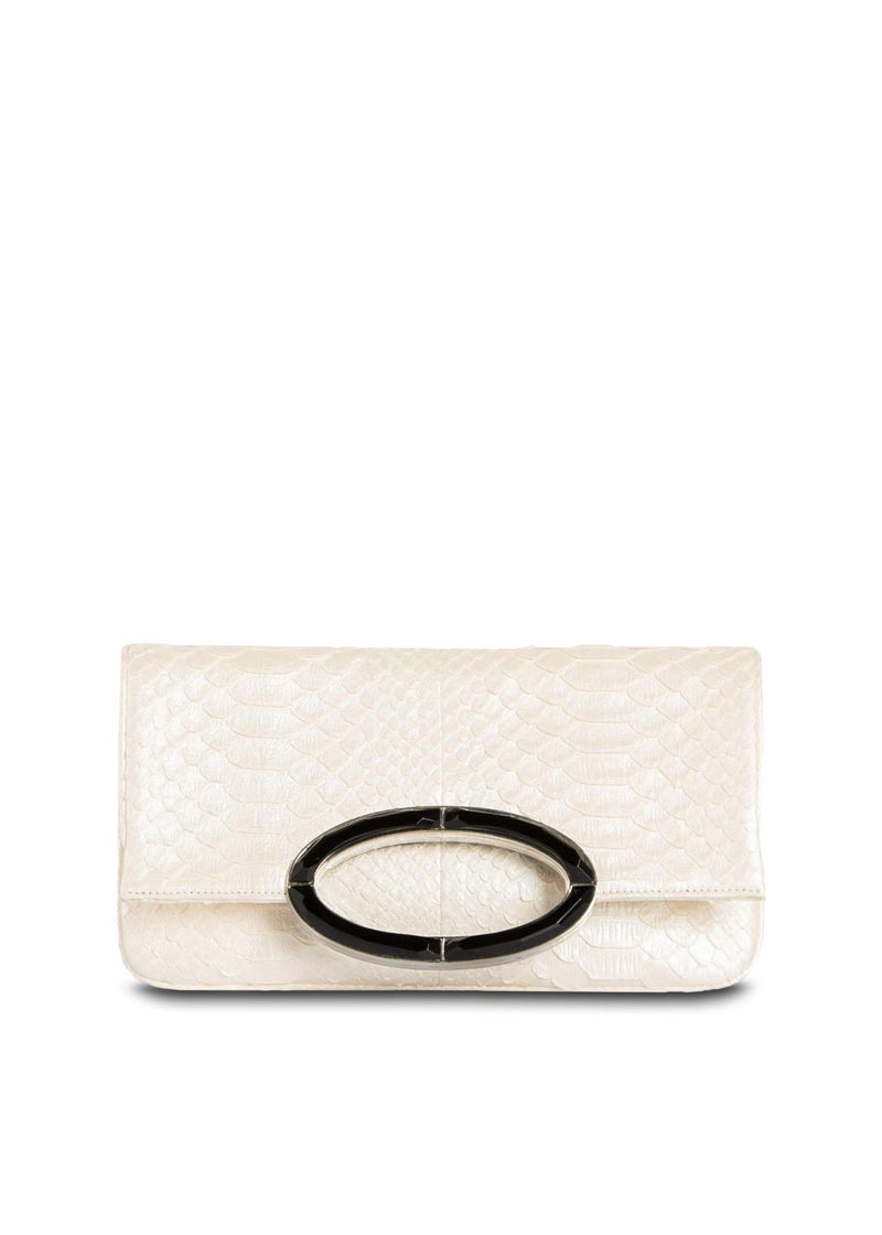 Closed view of Pearl colored Mini Convertible Fold over Clutch - Darby Scott 