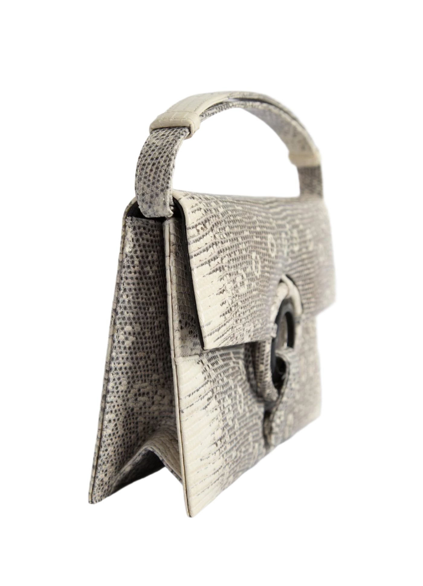 Side view of black & white ring Lizard Grommet Handbag - Darby Scott 