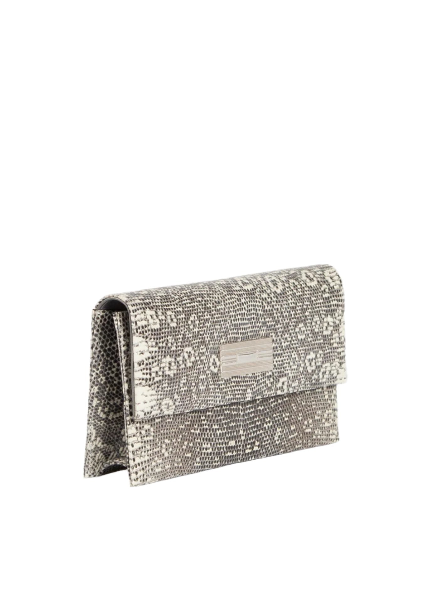 Side view Black & White Lizard Clutch with Silver Monogram Plate - Darby Scott