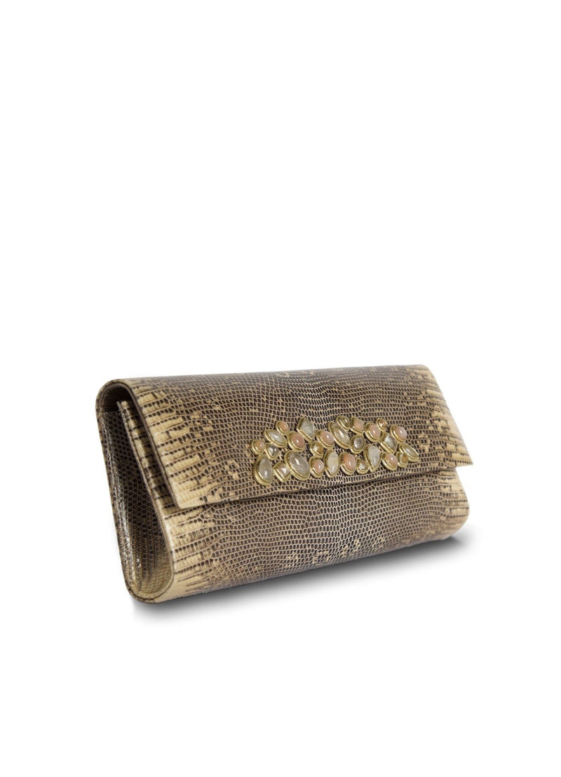 Side view of Cafe Ring Lizard Mosaic Roll Clutch - Darby Scott