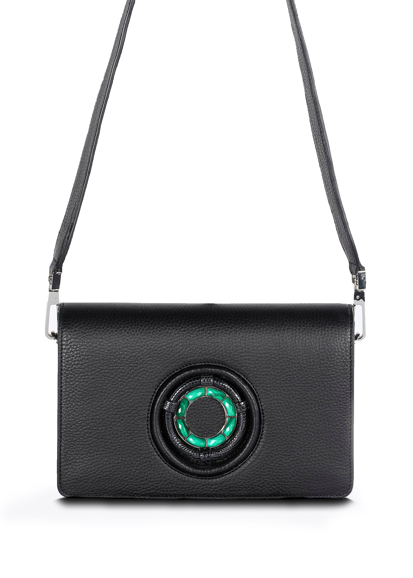 Black Leather Anna Crossbody Clutch with Malachite Gemstone Grommet - Darby Scott