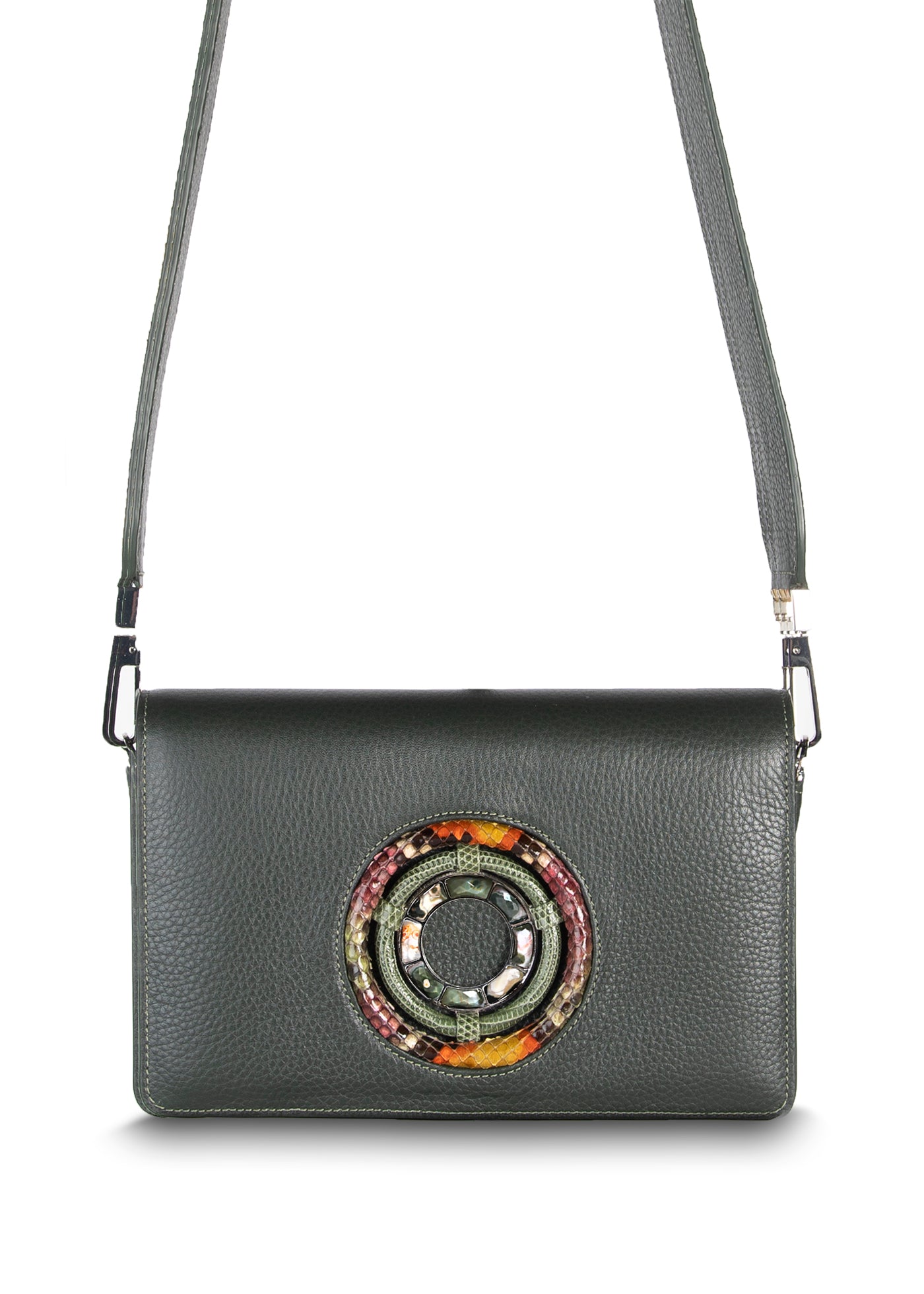 Anna Crossbody Clutch in Dark Green Leather with Jasper Gemstones - Darby Scott