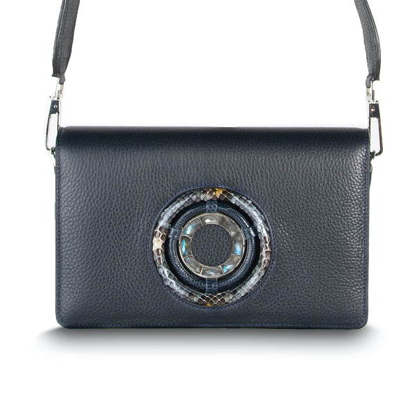 Navy Leather Jeweled Handbag, Anna Convertible Crossbody with Labradorite Gemstones- Darby Scott
