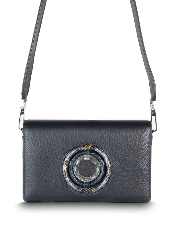 Anna Crossbody Clutch in Navy Leather with Labradorite Gemstones - Darby Scott