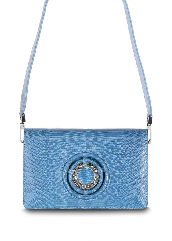 Delft Blue Lizard Anna Crossbody Clutch with a Labradorite Gemstone Grommet Closure - Darby Scott