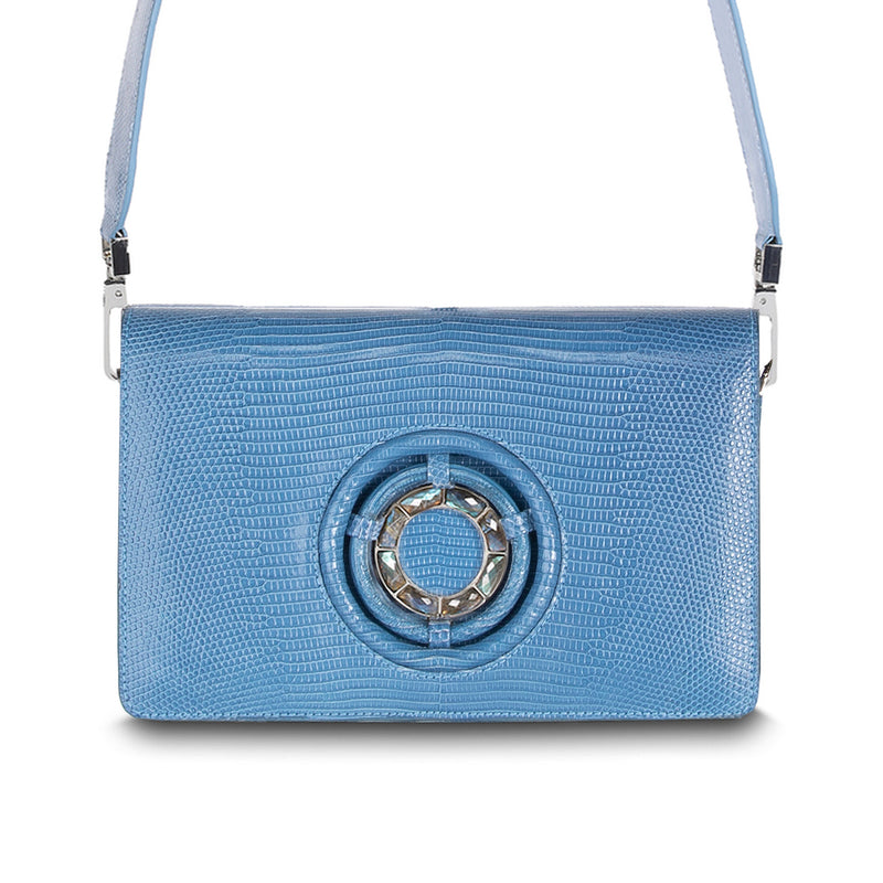 Delft Blue Lizard Jeweled Handbag, Anna Convertible Crossbody with Labradorite Gemstones- Darby Scott