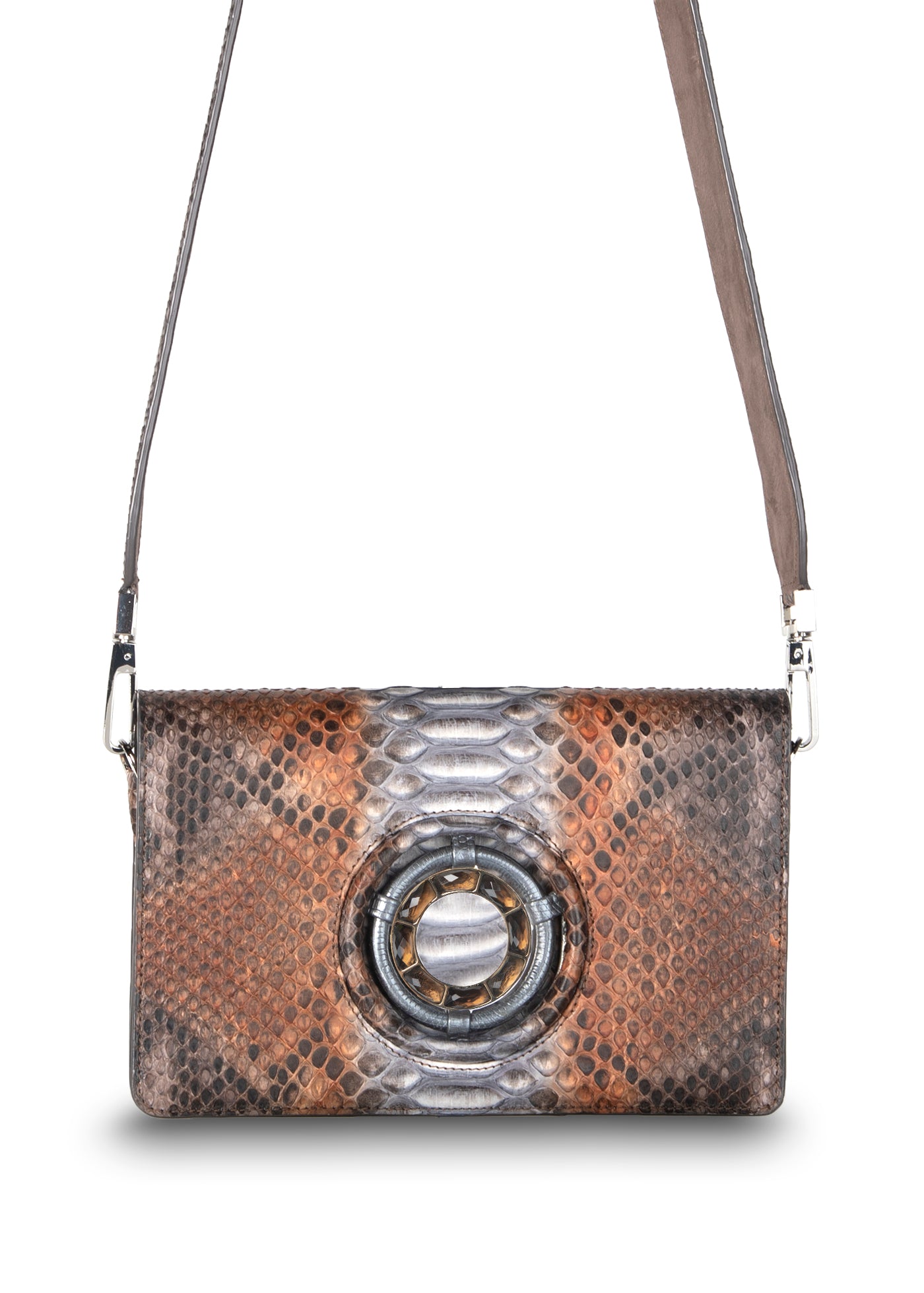 Anna Crossbody Clutch in Brown Multi-Color Python with Tiger Eye Gemstones - Darby Scott