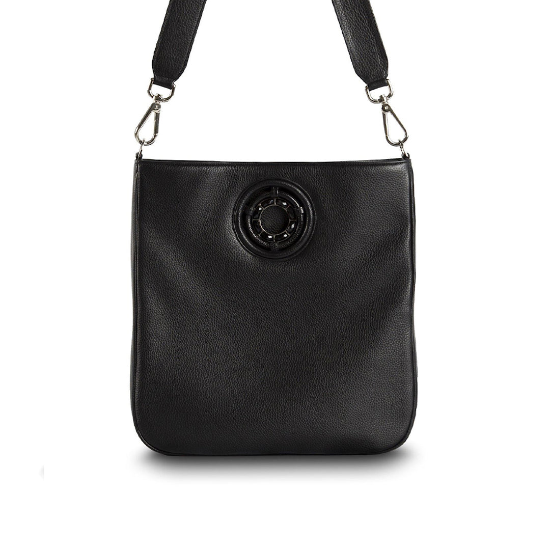 Black Leather Jeweled Handbag, Cloe Crossbody Tote with Black Onyx Gemstones - Darby Scott 