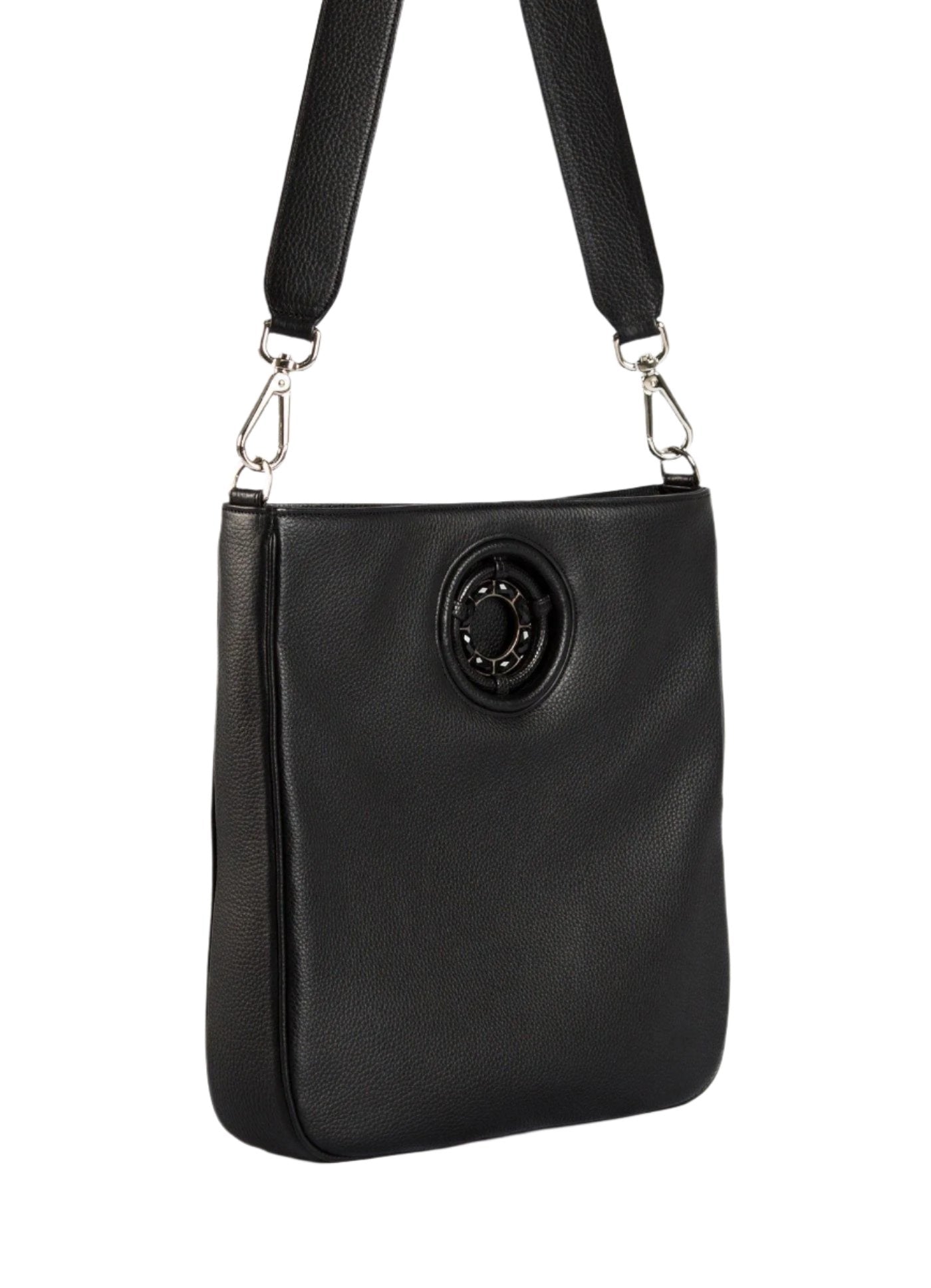 Black leather Cloe crossbody tote with black onyx grommet - Darby Scott