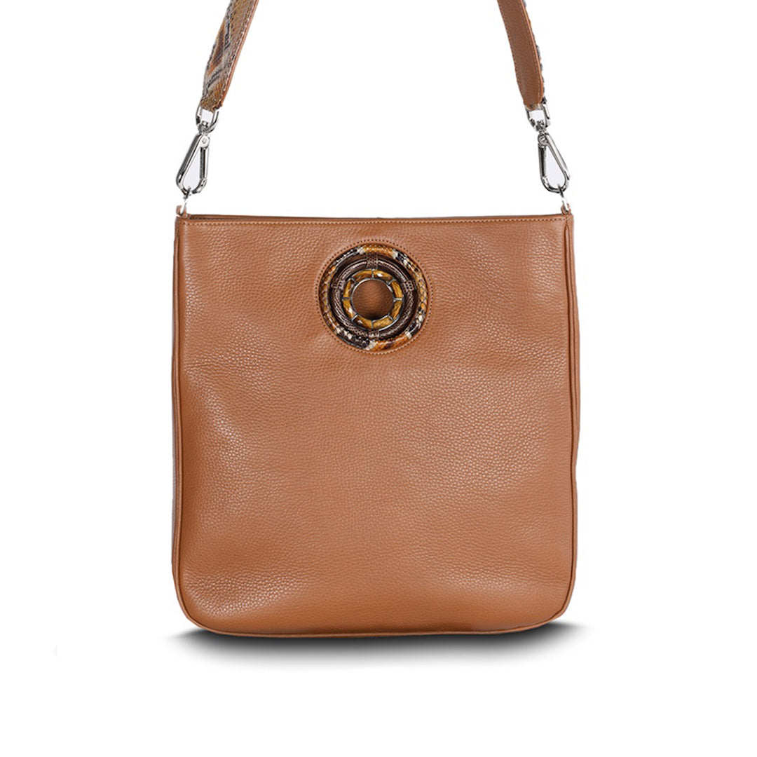 Cognac Leather Jeweled Handbag, Cloe Crossbody Tote with Tiger Eye Gemstones - Darby Scott 