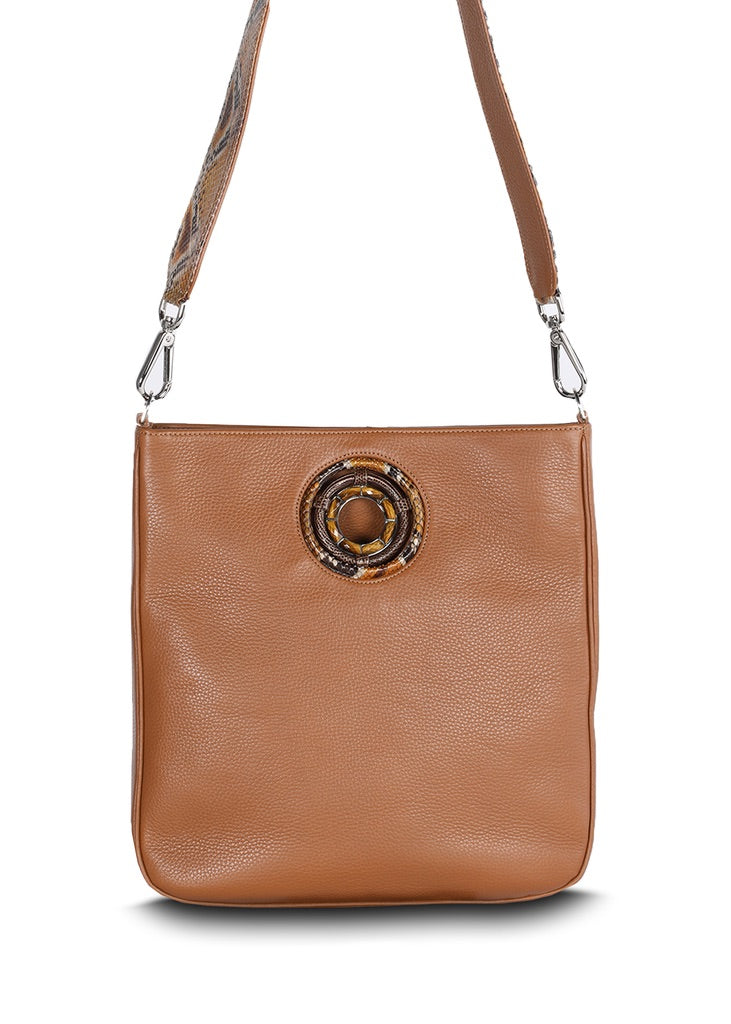 Cloe crossbody tote in cognac pebble leather - Darby Scott