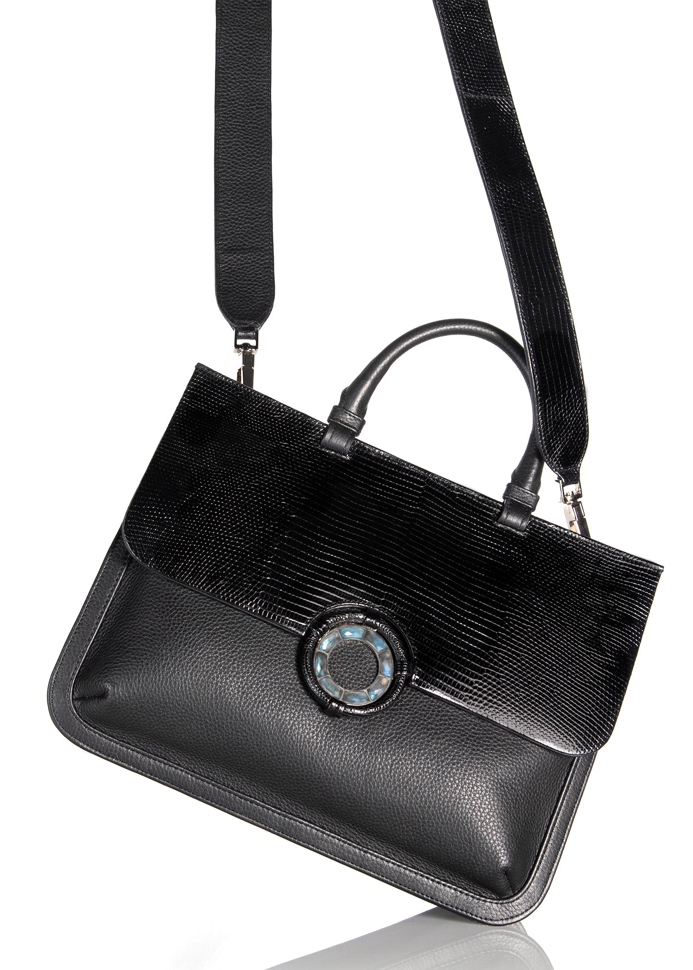 Crossbody strap on black leather & lizard grommet saddle bag - Darby Scott