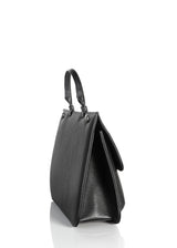 Gusset side view of black leather and lizard saddle bag - Darby Scott
