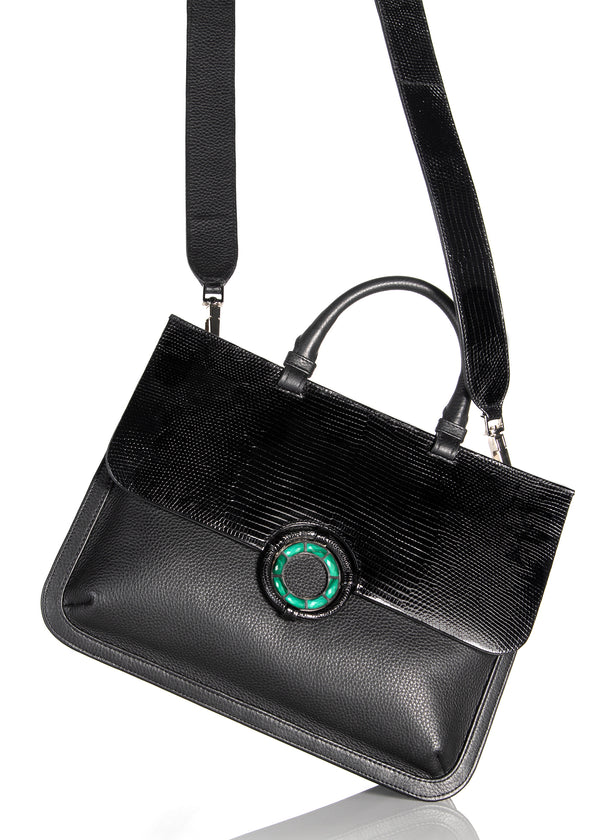 Top Handle and Crossbody Strap on Black Saddle Bag - Darby Scott