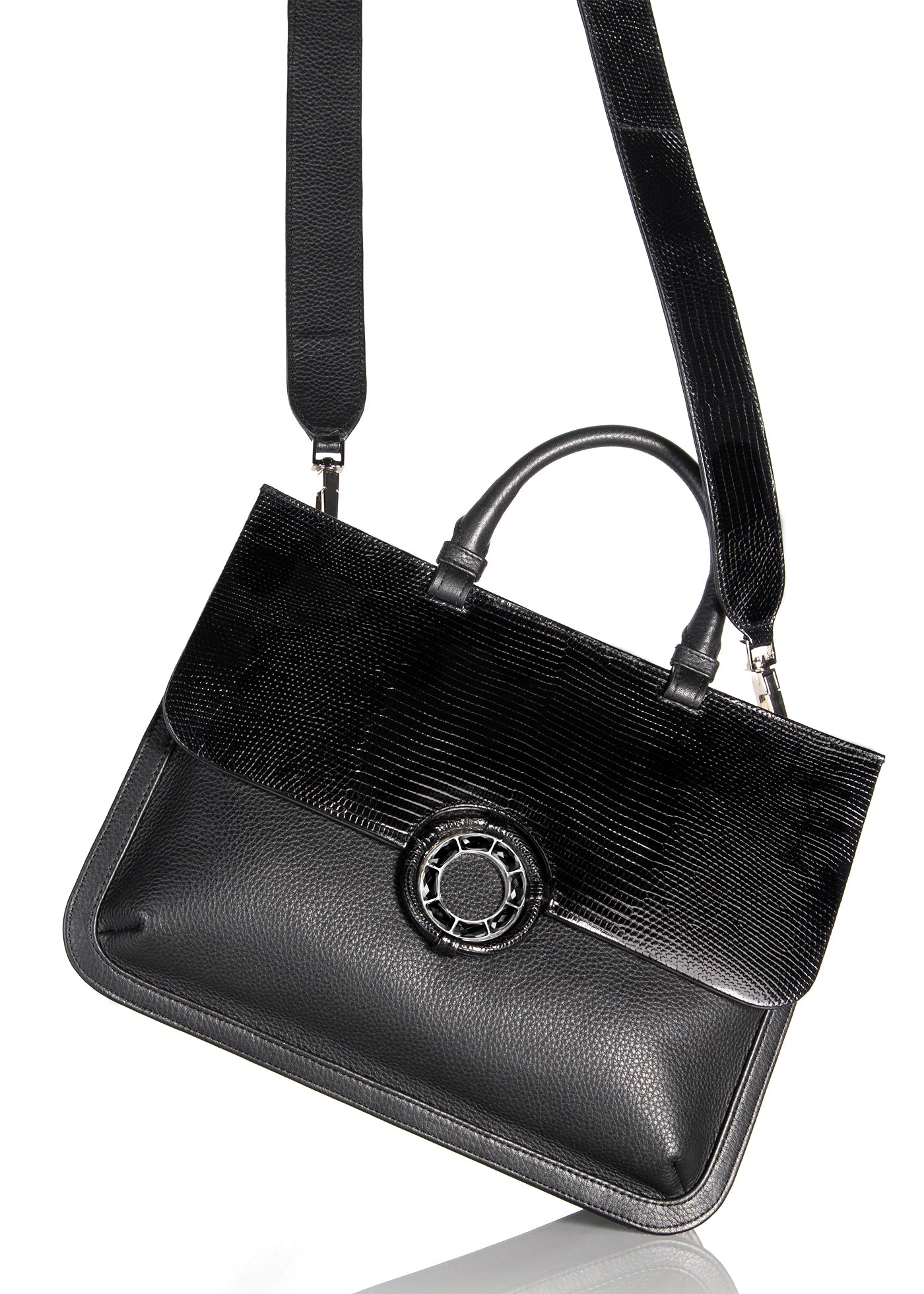 View of Top Handle & Crossbody Strap on Black Leather & Lizard Saddle Bag- Darby Scott