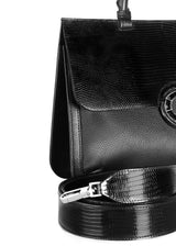 Detail view of strap and side on Black Leather & Lizard Saddle Bag - Darby Scott