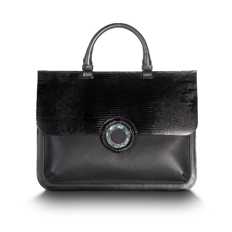 Black Lizard & Leather Jeweled Handbag, Sydney Convertible Satchel with Labradorite Gemstones - Darby Scott