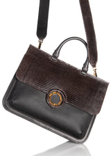 Top handle and Crossbody strap on brown leather and lizard saddle bag - Darby Scott