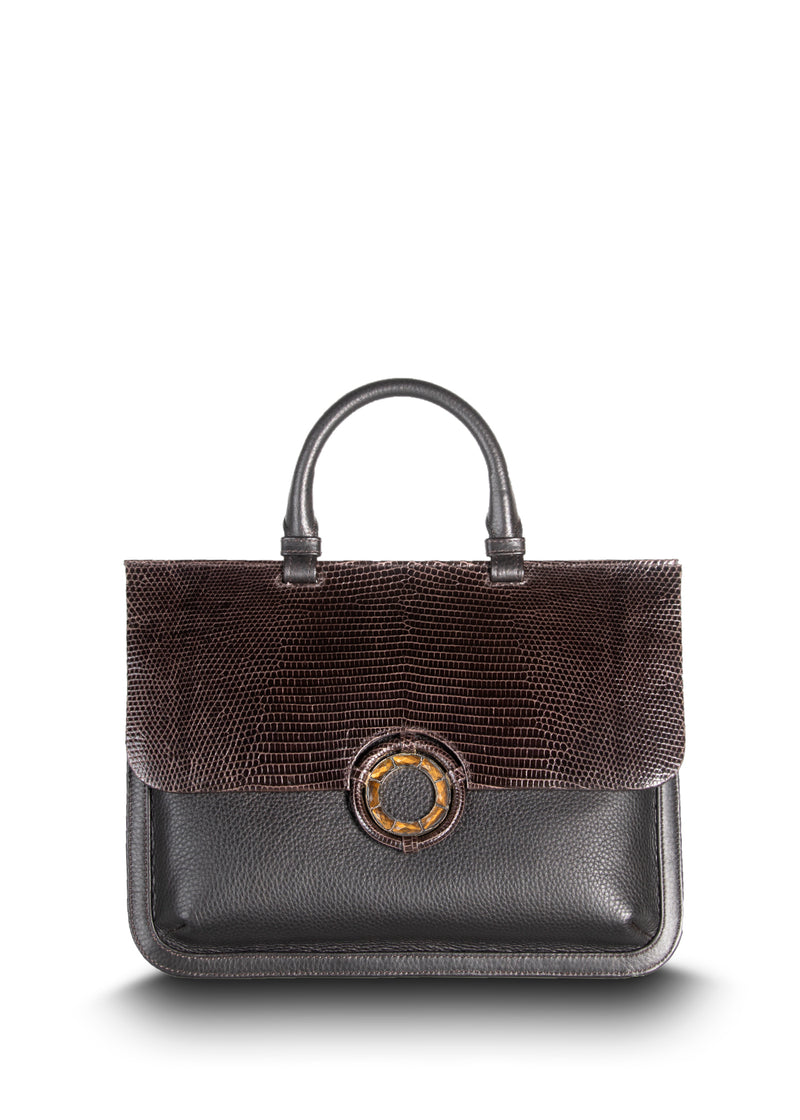 Brown Leather Saddle Bag with Lizard Flap and Trim and Tiger-Eye Gemstone Grommet - Darby Scott